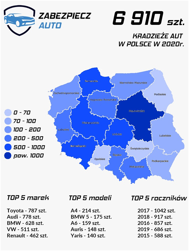 Kradzieże aut w Polsce - mapa