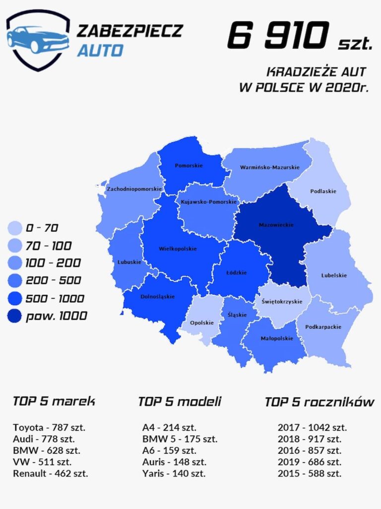 Kradzieże samochodów w Polsce - mapa